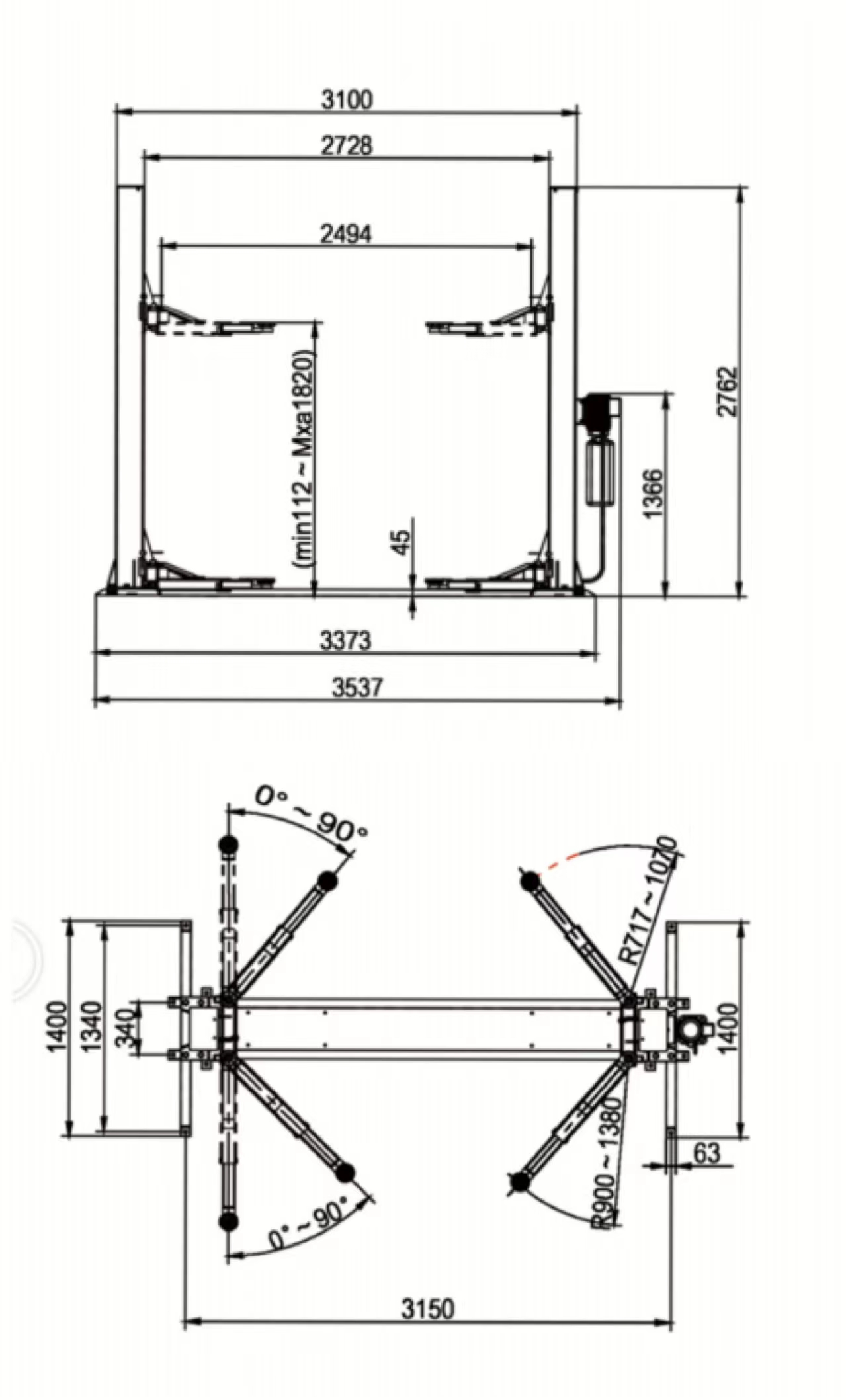 two post double manual release base plate car lift TP-2PBPF Dimensional Drawing 2