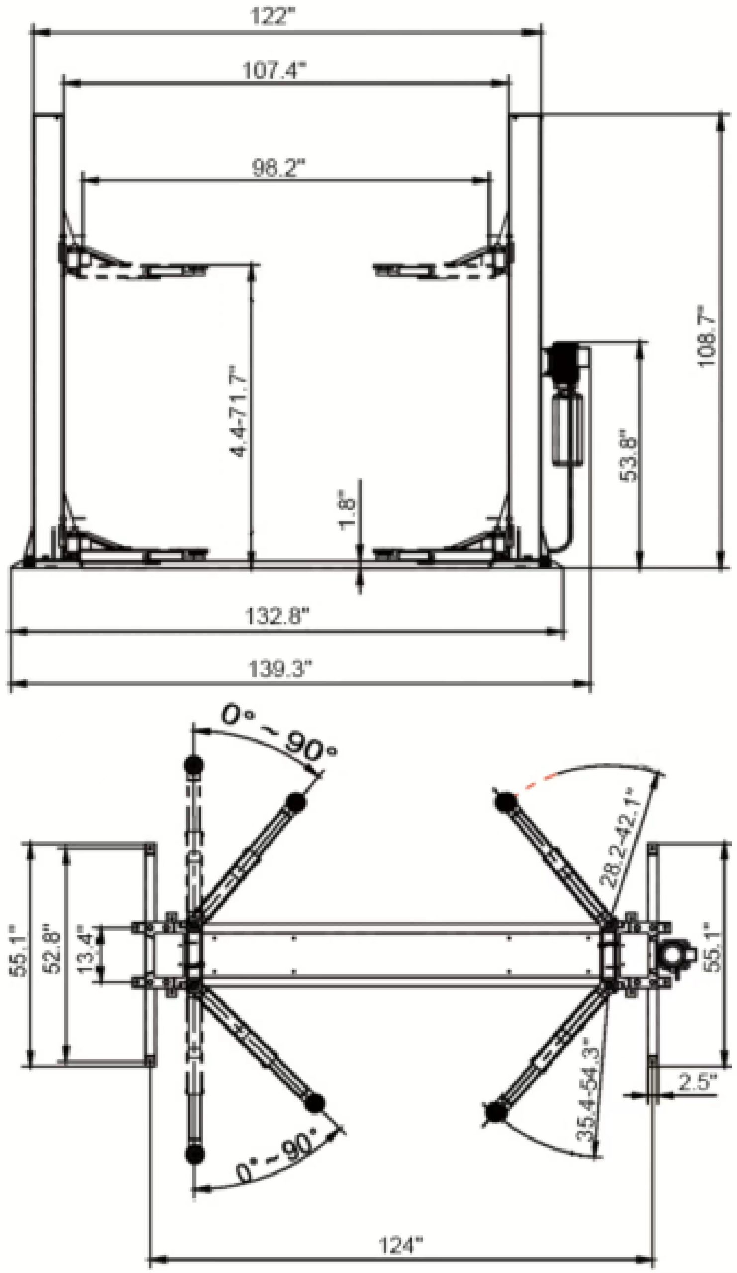 two post double manual release base plate car lift TP-2PBPF Dimensional Drawing 1